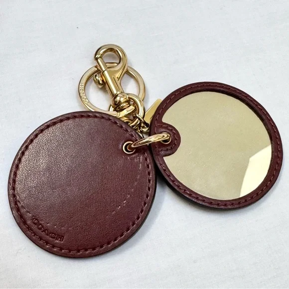 COACH Mirror Bag Charm Signature Canvas Key Ring Dogleash Clip Brown Maroon Gold - Picture 3 of 4